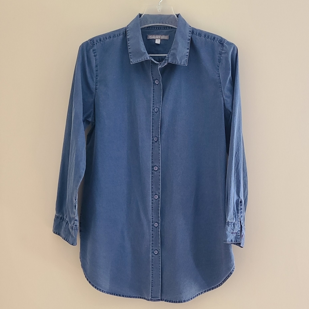 Garnet Hill Organic Pima Cotton Blue Button-Up Shirt Size 10 Classic
